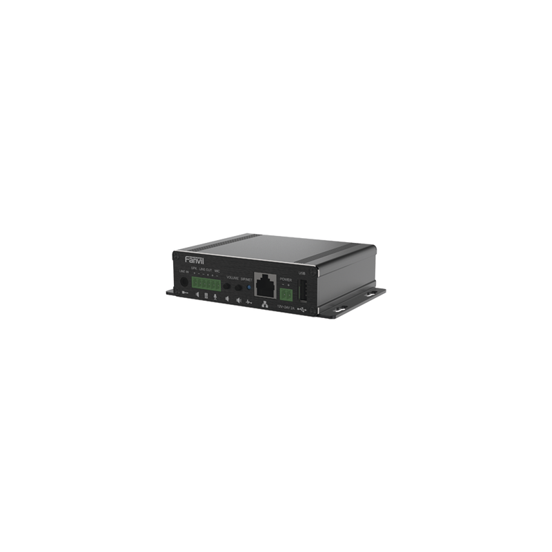 Gateway para Voceo IP/SIP,  Entrada de audio (3.5mm), salida de amplificador integrado de hasta 30W, puerto USB (reproducción de